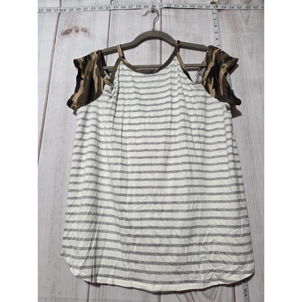 ELuna Shirt Womens 1X Gray White Stripe Camo Cold Shoulder Plus Size Top